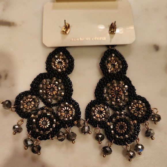 Bohemian Seed Bead & Crystal Long Beaded Chandelier Earrings - Picture 4 of 6